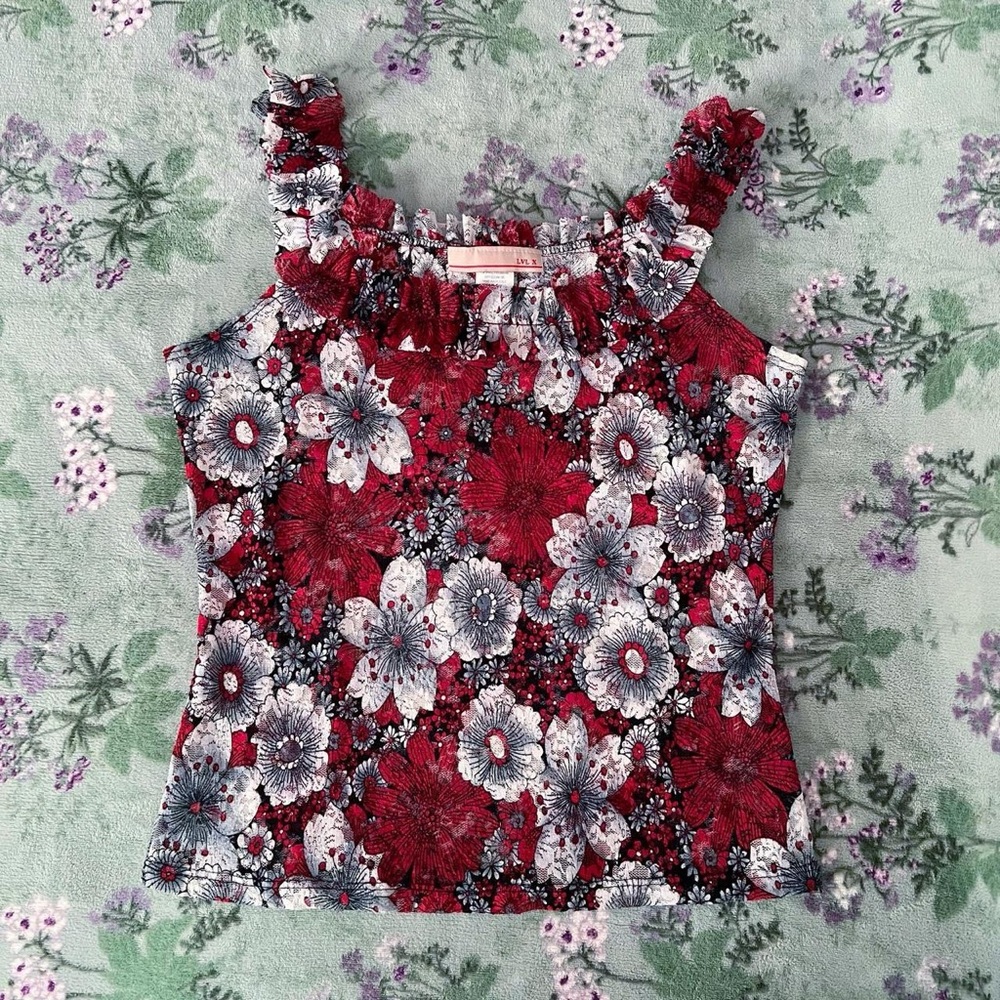 LVL X 90s Vintage Floral Sheer Mesh Lace Ruffle Tank Top 🌹🤍❤️🖤